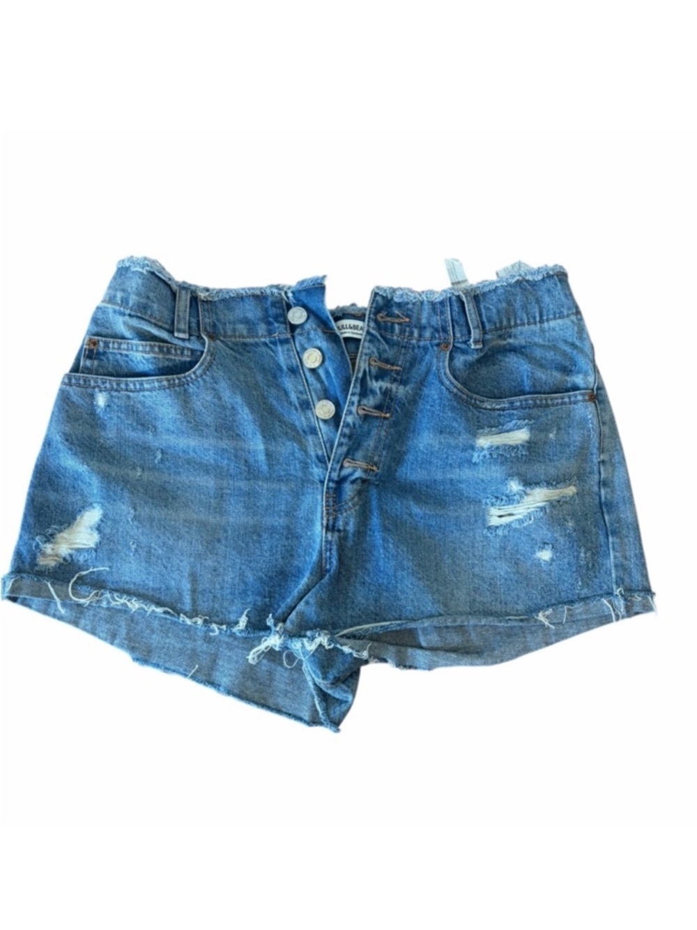 Pull&Bear Blue Frayed Denim Shorts Size 6 Distressed High Rise Button Cut jorts